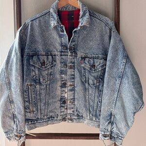 Levi's 80's Denim Trucker Jacket Distressed Men's L Flannel lined Red Plaid USA